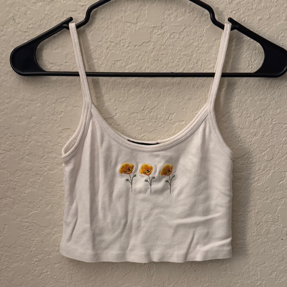 Brandy Melville White Camisole with Yellow Floral Embroidery